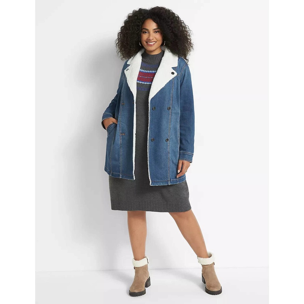 Lane Bryant Midi Denim Jacket Medium Wash Sherpa Women's Plus Size 26/28 H14229 - Picture 4 of 13